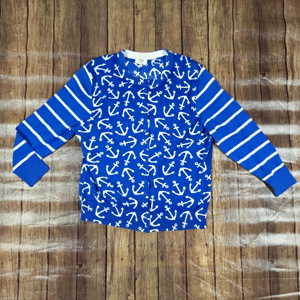 Crown & Ivy Nautical Anchor Cardigan Womens XL Blue Preppy Coastal New England